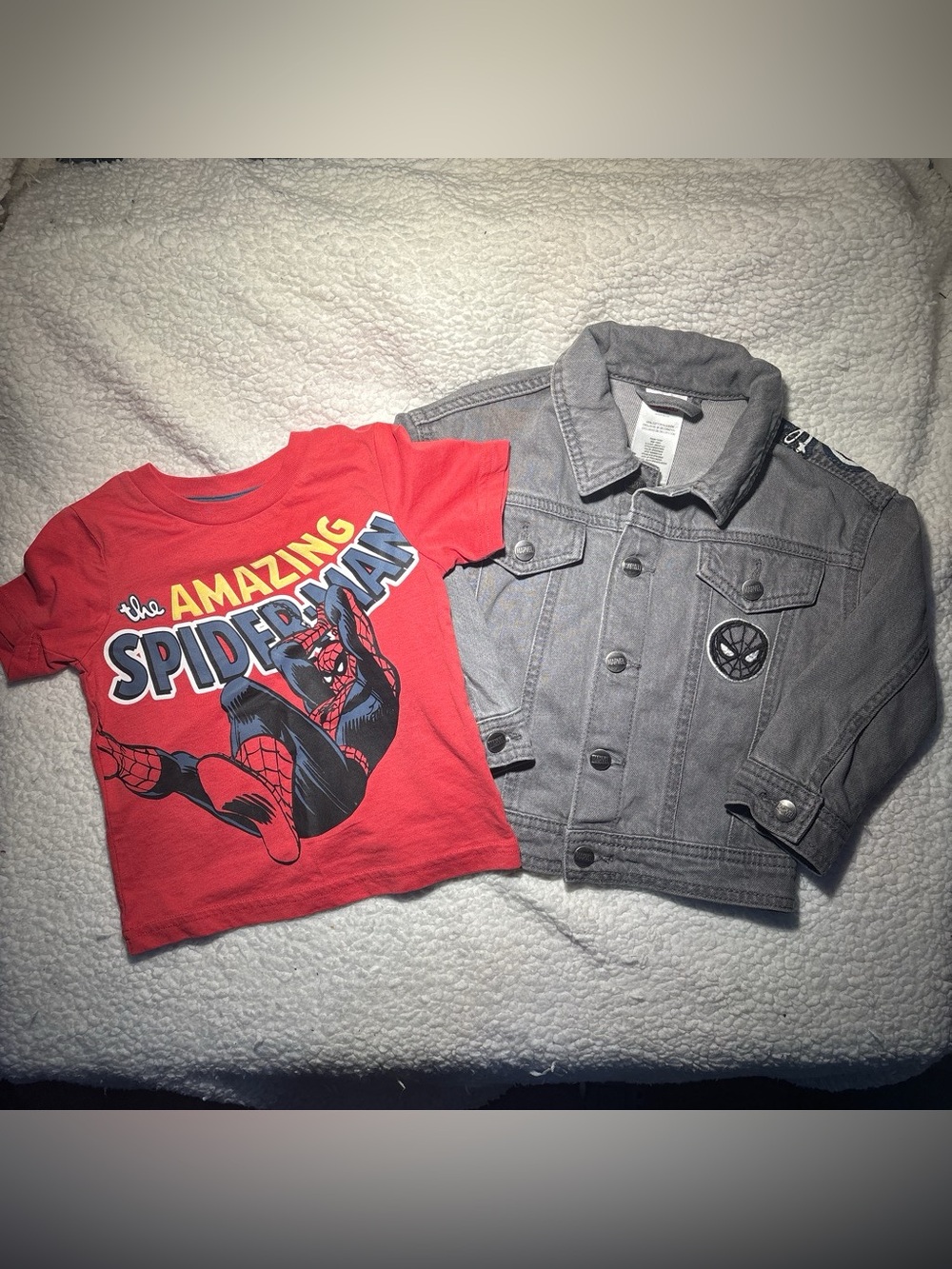 Marvel Gray Denim Jacket with Branded Buttons & Red Spider-Man Tshirt Bundle